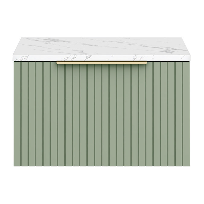 Milan Fluted 600mm Satin Green Vanity Unit - Wall Hung 1 Drawer Unit with Carrara Marble Worktop & Brushed Brass Handle