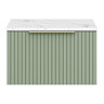 Milan Fluted 600mm Satin Green Vanity Unit - Wall Hung 1 Drawer Unit with Carrara Marble Worktop & Brushed Brass Handle