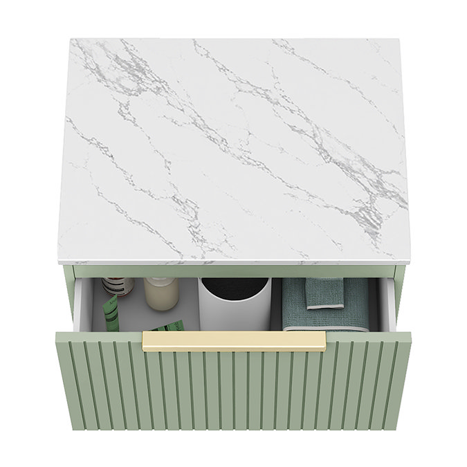 Milan Fluted 600mm Satin Green Vanity Unit - Wall Hung 1 Drawer Unit with Carrara Marble Worktop & Brushed Brass Handle