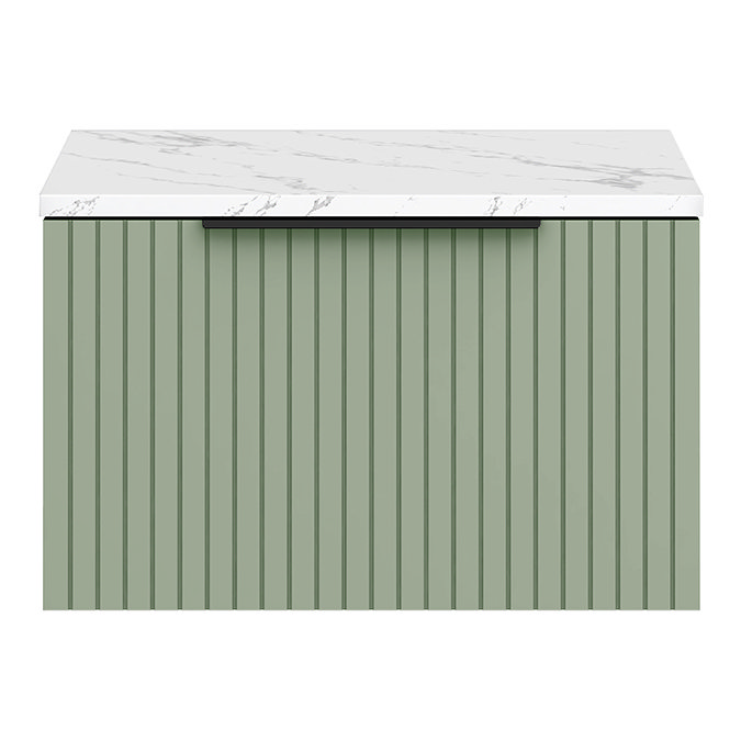 Milan Fluted 600mm Satin Green Vanity Unit - Wall Hung 1 Drawer Unit with Carrara Marble Worktop & Matt Black Handle