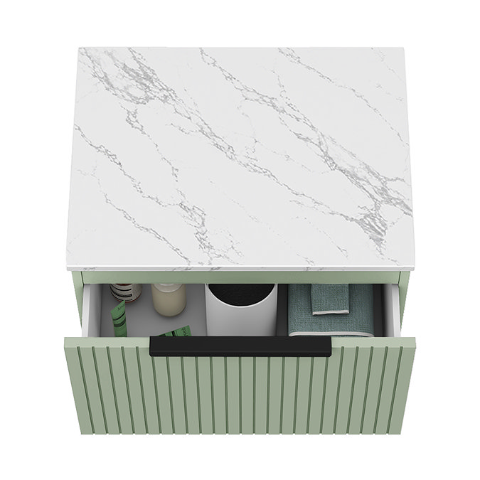 Milan Fluted 600mm Satin Green Vanity Unit - Wall Hung 1 Drawer Unit with Carrara Marble Worktop & Matt Black Handle