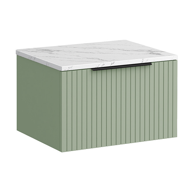 Milan Fluted 600mm Satin Green Vanity Unit - Wall Hung 1 Drawer Unit with Carrara Marble Worktop & Matt Black Handle