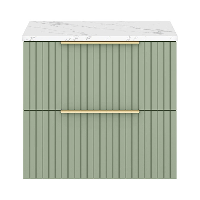 Milan Fluted 600mm Satin Green Vanity Unit - Wall Hung 2 Drawer Unit with Carrara Marble Worktop & Brushed Brass Handles
