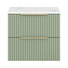 Milan Fluted 600mm Satin Green Vanity Unit - Wall Hung 2 Drawer Unit with Carrara Marble Worktop & Brushed Brass Handles