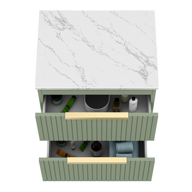 Milan Fluted 600mm Satin Green Vanity Unit - Wall Hung 2 Drawer Unit with Carrara Marble Worktop & Brushed Brass Handles