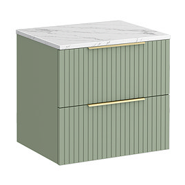 Milan Fluted 600mm Satin Green Vanity Unit - Wall Hung 2 Drawer Unit with Carrara Marble Worktop & Brushed Brass Handles