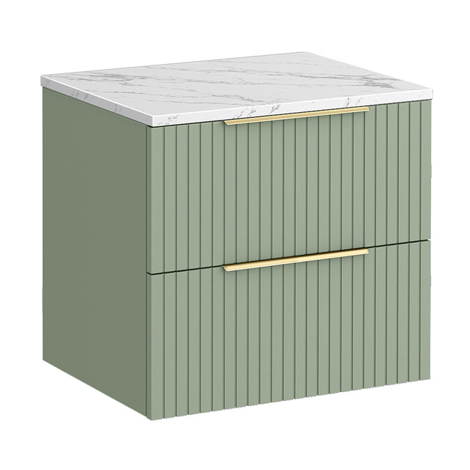 Milan Fluted 600mm Satin Green Vanity Unit - Wall Hung 2 Drawer Unit with Carrara Marble Worktop & Brushed Brass Handles