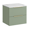 Milan Fluted 600mm Satin Green Vanity Unit - Wall Hung 2 Drawer Unit with Carrara Marble Worktop & Brushed Brass Handles