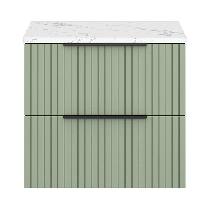 Milan Fluted 600mm Satin Green Vanity Unit - Wall Hung 2 Drawer Unit with Carrara Marble Worktop & Matt Black Handles