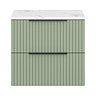 Milan Fluted 600mm Satin Green Vanity Unit - Wall Hung 2 Drawer Unit with Carrara Marble Worktop & Matt Black Handles