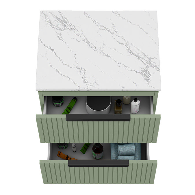 Milan Fluted 600mm Satin Green Vanity Unit - Wall Hung 2 Drawer Unit with Carrara Marble Worktop & Matt Black Handles