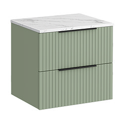 Milan Fluted 600mm Satin Green Vanity Unit - Wall Hung 2 Drawer Unit with Carrara Marble Worktop & Matt Black Handles