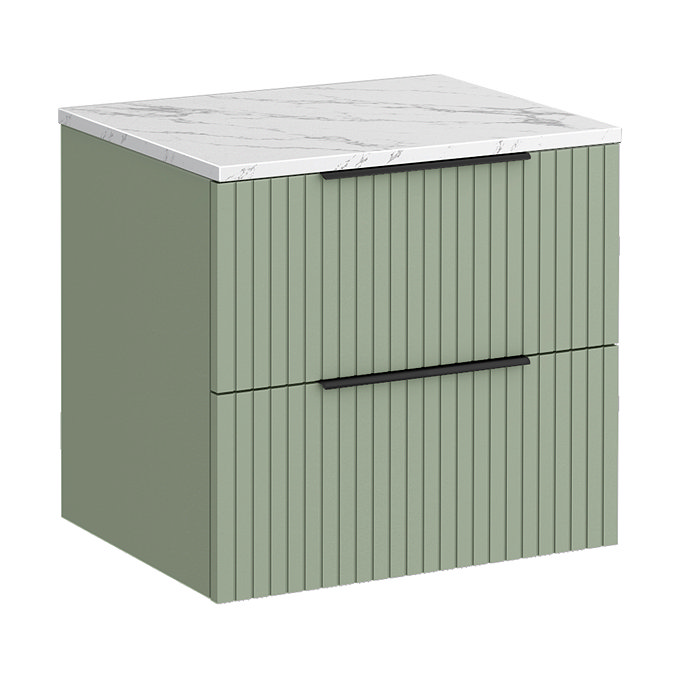 Milan Fluted 600mm Satin Green Vanity Unit - Wall Hung 2 Drawer Unit with Carrara Marble Worktop & Matt Black Handles