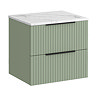 Milan Fluted 600mm Satin Green Vanity Unit - Wall Hung 2 Drawer Unit with Carrara Marble Worktop & Matt Black Handles