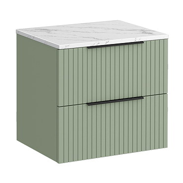 Milan Fluted 600mm Satin Green Vanity Unit - Wall Hung 2 Drawer Unit with Carrara Marble Worktop & Matt Black Handles