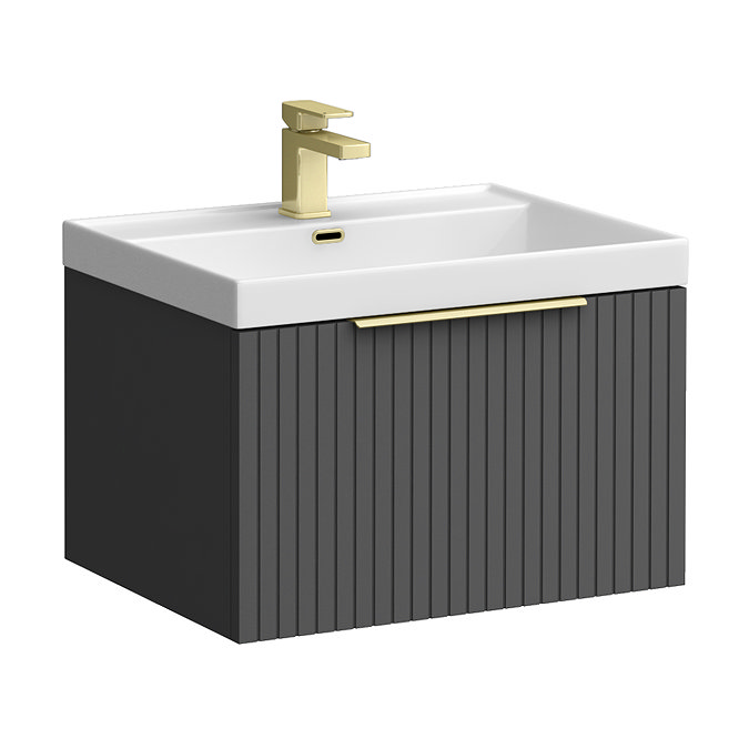 Milan Fluted 600mm Soft Black 1-Drawer Wall Hung Vanity Unit with Brushed Brass Handle