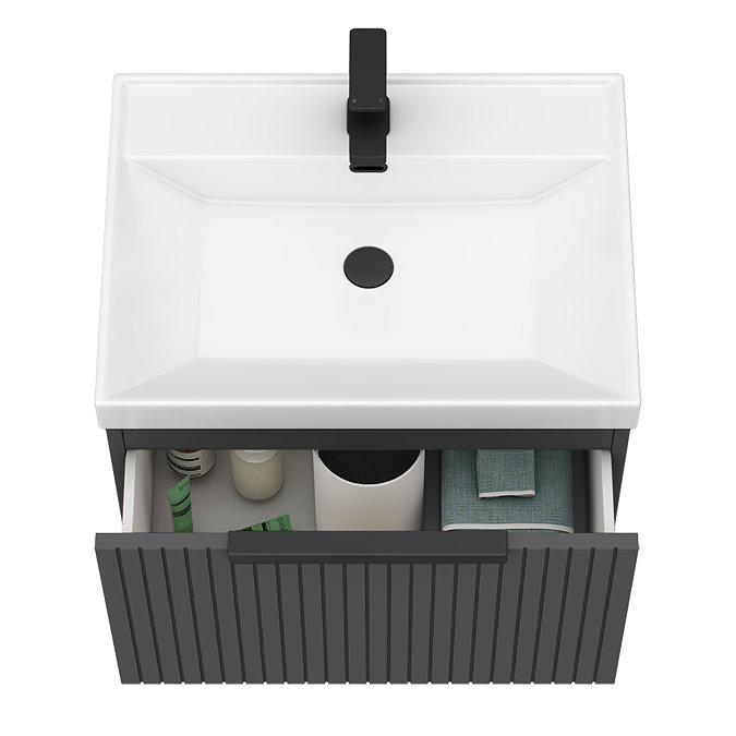 Milan Fluted 600mm Soft Black 1-Drawer Wall Hung Vanity Unit with Matt Black Handle