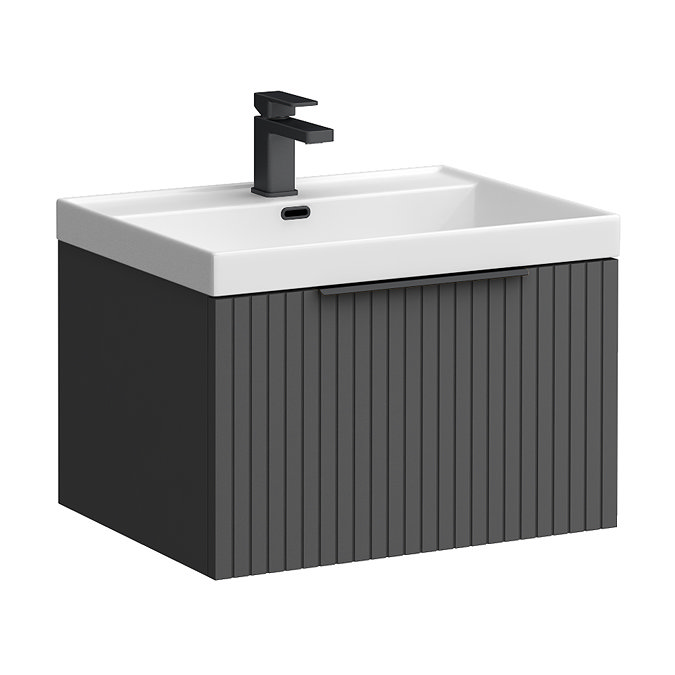 Milan Fluted 600mm Soft Black 1-Drawer Wall Hung Vanity Unit with Matt Black Handle