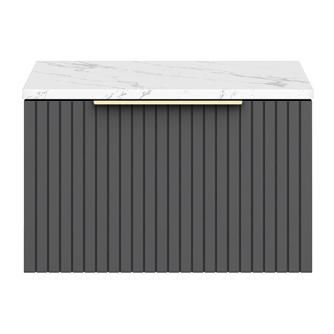 Milan Fluted 600mm Soft Black Vanity Unit - Wall Hung 1 Drawer Unit with Carrara Marble Worktop & Brushed Brass Handle