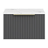 Milan Fluted 600mm Soft Black Vanity Unit - Wall Hung 1 Drawer Unit with Carrara Marble Worktop & Brushed Brass Handle