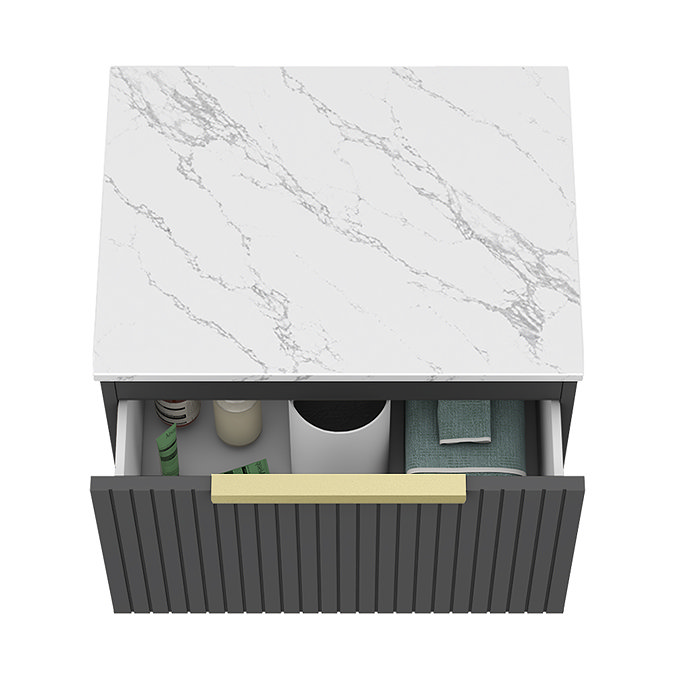 Milan Fluted 600mm Soft Black Vanity Unit - Wall Hung 1 Drawer Unit with Carrara Marble Worktop & Brushed Brass Handle
