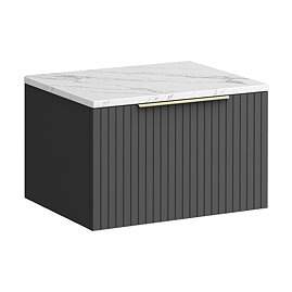 Milan Fluted 600mm Soft Black Vanity Unit - Wall Hung 1 Drawer Unit with Carrara Marble Worktop & Brushed Brass Handle