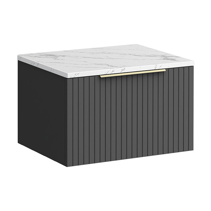Milan Fluted 600mm Soft Black Vanity Unit - Wall Hung 1 Drawer Unit with Carrara Marble Worktop & Brushed Brass Handle