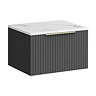 Milan Fluted 600mm Soft Black Vanity Unit - Wall Hung 1 Drawer Unit with Carrara Marble Worktop & Brushed Brass Handle