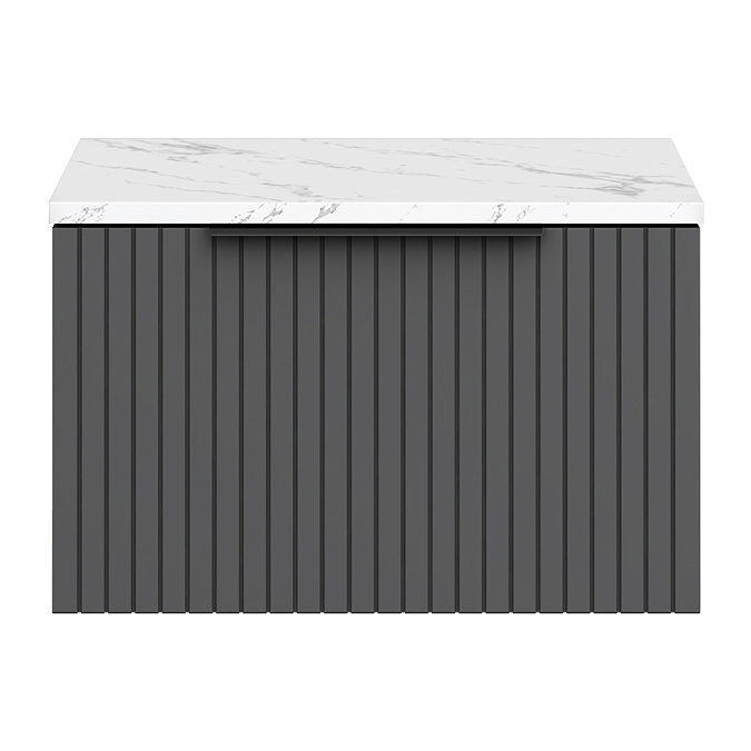 Milan Fluted 600mm Soft Black Vanity Unit - Wall Hung 1 Drawer Unit with Carrara Marble Worktop & Matt Black Handle