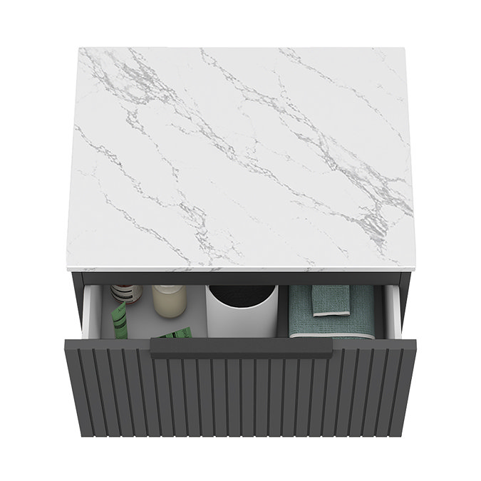 Milan Fluted 600mm Soft Black Vanity Unit - Wall Hung 1 Drawer Unit with Carrara Marble Worktop & Matt Black Handle