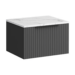 Milan Fluted 600mm Soft Black Vanity Unit - Wall Hung 1 Drawer Unit with Carrara Marble Worktop & Matt Black Handle