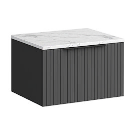 Milan Fluted 600mm Soft Black Vanity Unit - Wall Hung 1 Drawer Unit with Carrara Marble Worktop & Matt Black Handle