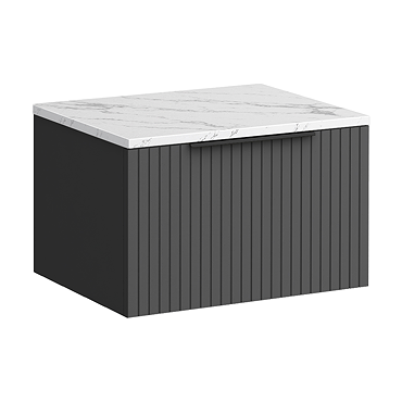 Milan Fluted 600mm Soft Black Vanity Unit - Wall Hung 1 Drawer Unit with Carrara Marble Worktop & Matt Black Handle