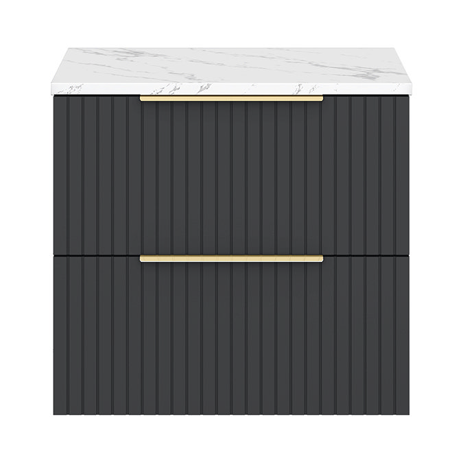 Milan Fluted 600mm Soft Black Vanity Unit - Wall Hung 2 Drawer Unit with Carrara Marble Worktop & Brushed Brass Handles