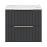 Milan Fluted 600mm Soft Black Vanity Unit - Wall Hung 2 Drawer Unit with Carrara Marble Worktop & Brushed Brass Handles