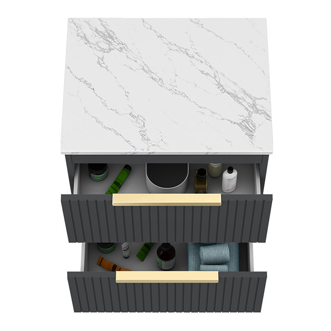 Milan Fluted 600mm Soft Black Vanity Unit - Wall Hung 2 Drawer Unit with Carrara Marble Worktop & Brushed Brass Handles