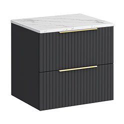 Milan Fluted 600mm Soft Black Vanity Unit - Wall Hung 2 Drawer Unit with Carrara Marble Worktop & Brushed Brass Handles