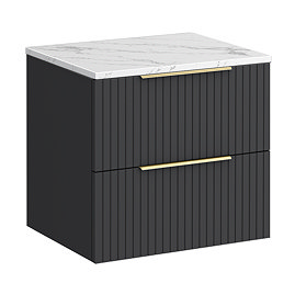 Milan Fluted 600mm Soft Black Vanity Unit - Wall Hung 2 Drawer Unit with Carrara Marble Worktop & Brushed Brass Handles