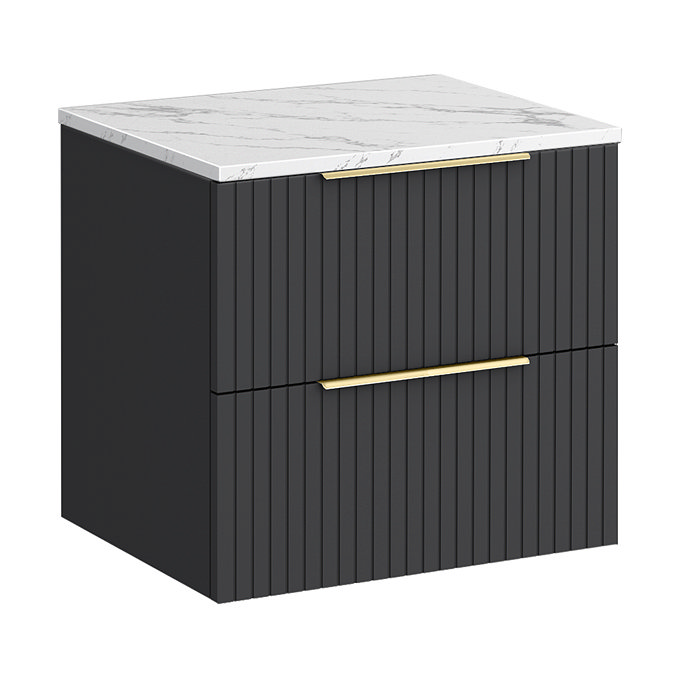 Milan Fluted 600mm Soft Black Vanity Unit - Wall Hung 2 Drawer Unit with Carrara Marble Worktop & Brushed Brass Handles