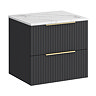 Milan Fluted 600mm Soft Black Vanity Unit - Wall Hung 2 Drawer Unit with Carrara Marble Worktop & Brushed Brass Handles