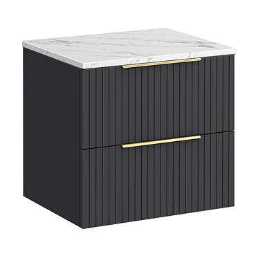 Milan Fluted 600mm Soft Black Vanity Unit - Wall Hung 2 Drawer Unit with Carrara Marble Worktop & Brushed Brass Handles