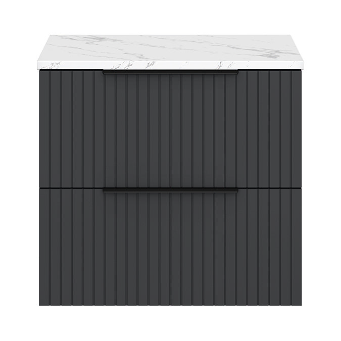 Milan Fluted 600mm Soft Black Vanity Unit - Wall Hung 2 Drawer Unit with Carrara Marble Worktop & Matt Black Handles