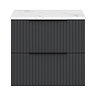 Milan Fluted 600mm Soft Black Vanity Unit - Wall Hung 2 Drawer Unit with Carrara Marble Worktop & Matt Black Handles