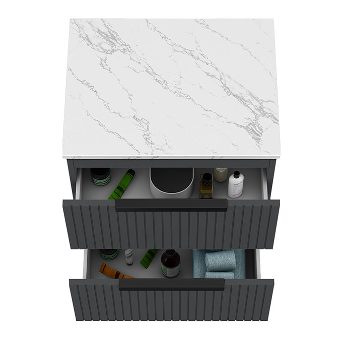 Milan Fluted 600mm Soft Black Vanity Unit - Wall Hung 2 Drawer Unit with Carrara Marble Worktop & Matt Black Handles