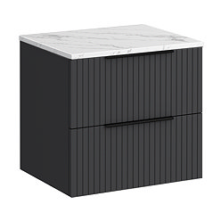 Milan Fluted 600mm Soft Black Vanity Unit - Wall Hung 2 Drawer Unit with Carrara Marble Worktop & Matt Black Handles
