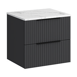 Milan Fluted 600mm Soft Black Vanity Unit - Wall Hung 2 Drawer Unit with Carrara Marble Worktop & Matt Black Handles