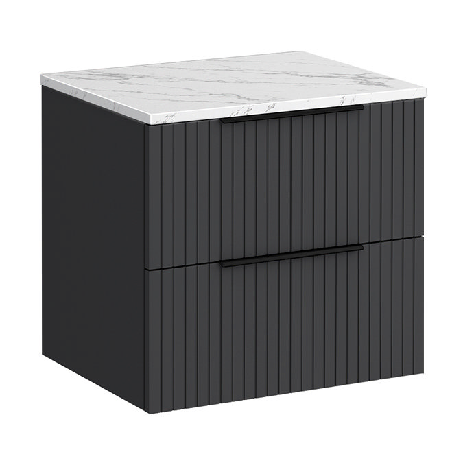 Milan Fluted 600mm Soft Black Vanity Unit - Wall Hung 2 Drawer Unit with Carrara Marble Worktop & Matt Black Handles