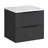 Milan Fluted 600mm Soft Black Vanity Unit - Wall Hung 2 Drawer Unit with Carrara Marble Worktop & Matt Black Handles