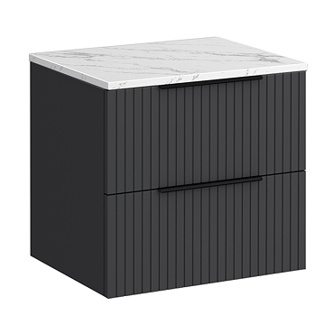 Milan Fluted 600mm Soft Black Vanity Unit - Wall Hung 2 Drawer Unit with Carrara Marble Worktop & Matt Black Handles