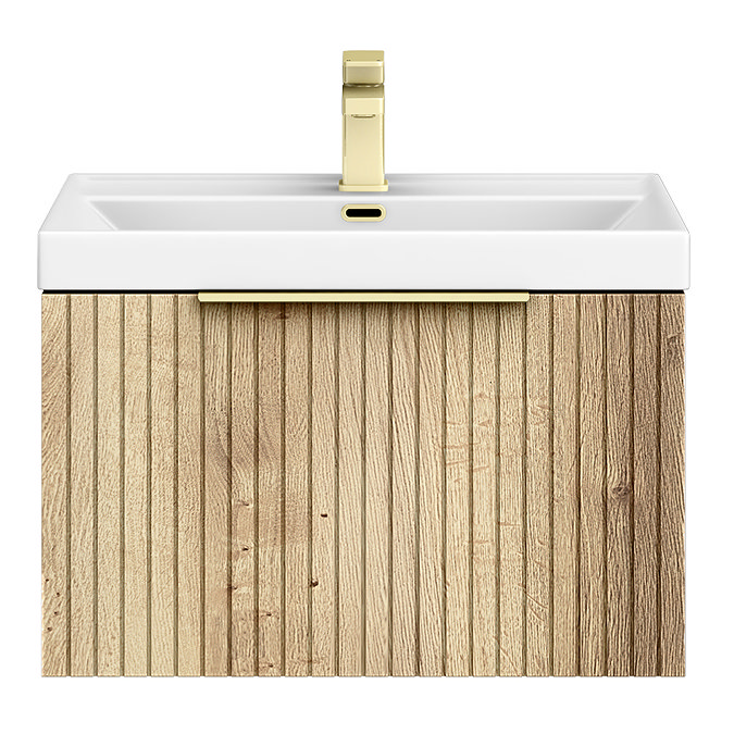 Milan Fluted 600mm Autumn Oak 1-Drawer Wall Hung Vanity Unit with Brushed Brass Handle